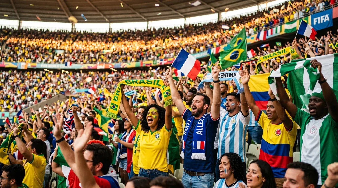 Aficionados celebrando un gol en las gradas de un estadio durante un partido del Mundial con banderas de diferentes países