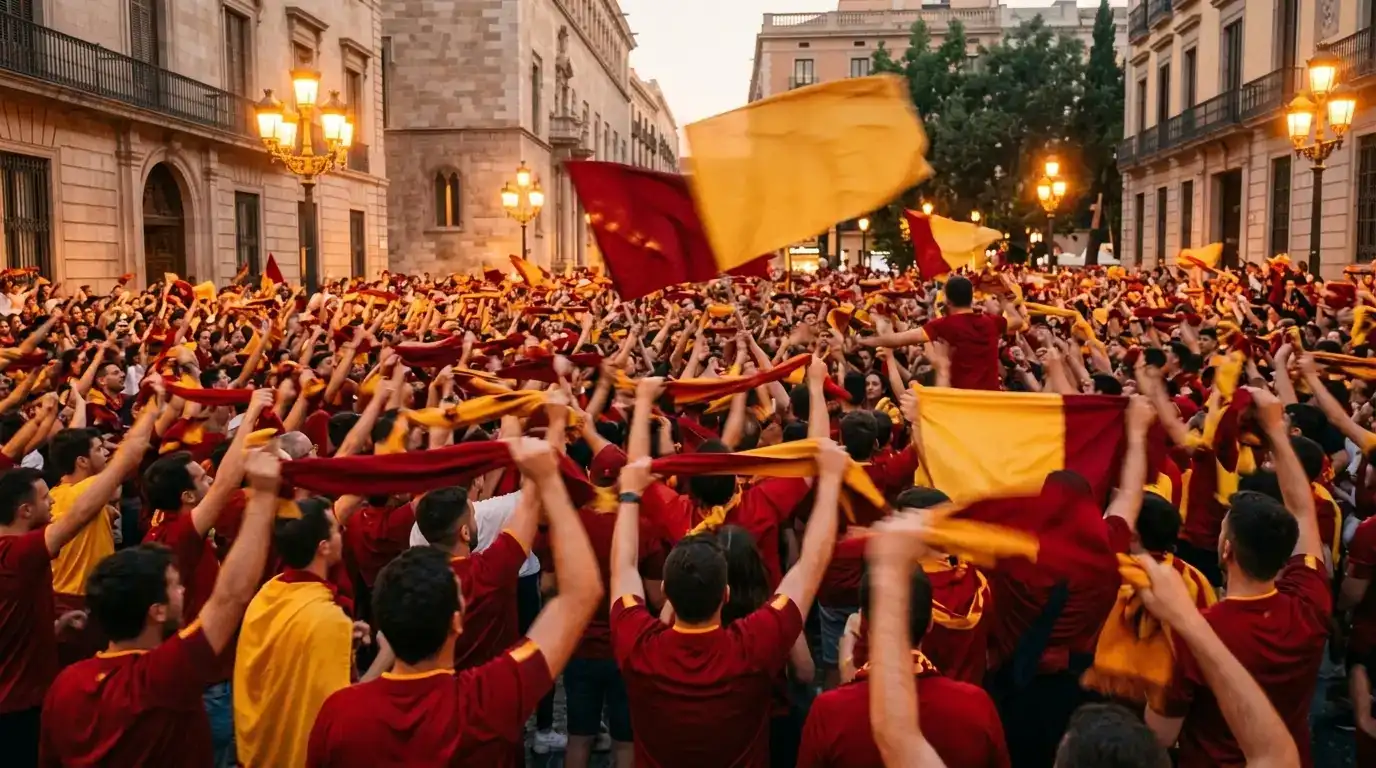 Aficionados españoles celebrando el título mundial en la calle