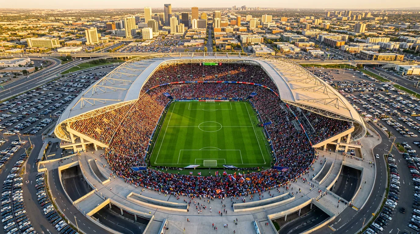 Vista aérea de un estadio de fútbol con el césped perfectamente marcado y las tribunas llenas antes de un partido del Mundial