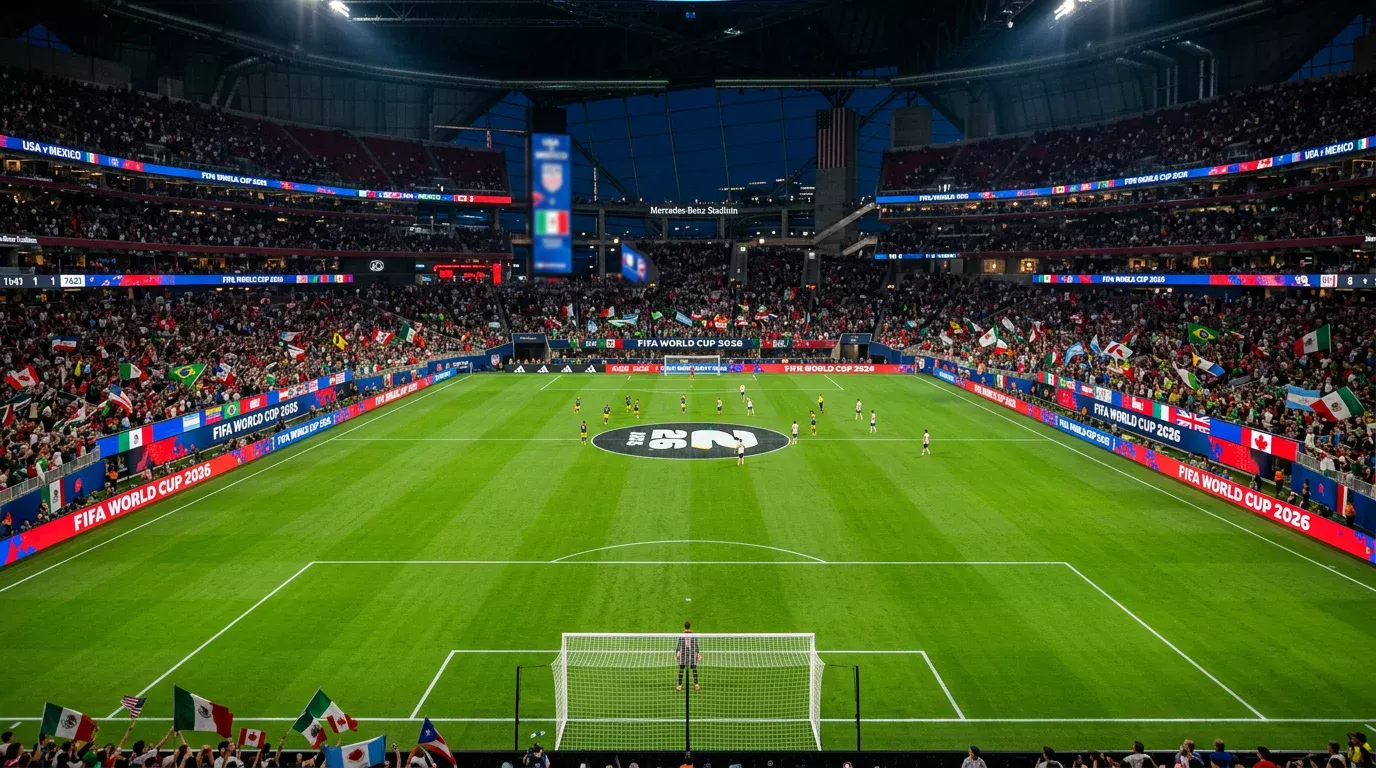 Estadio iluminado de noche durante un partido de la Copa del Mundo 2026 con las gradas llenas de aficionados