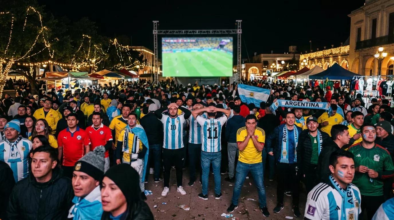 Grupo de hinchas peruanos viendo un partido del Mundial en una pantalla grande al aire libre durante la noche