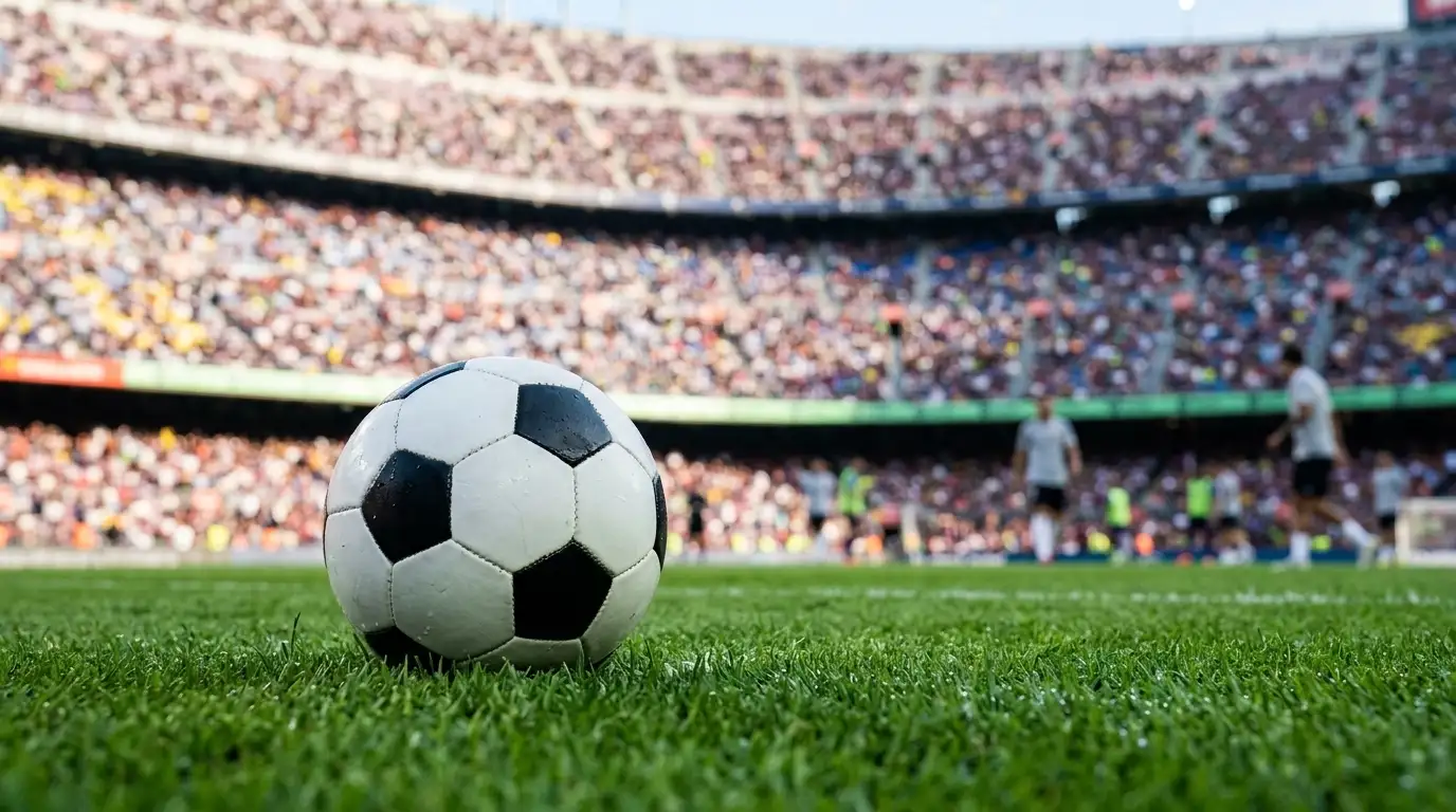 Balón de fútbol sobre el césped de un estadio con las tribunas llenas al fondo