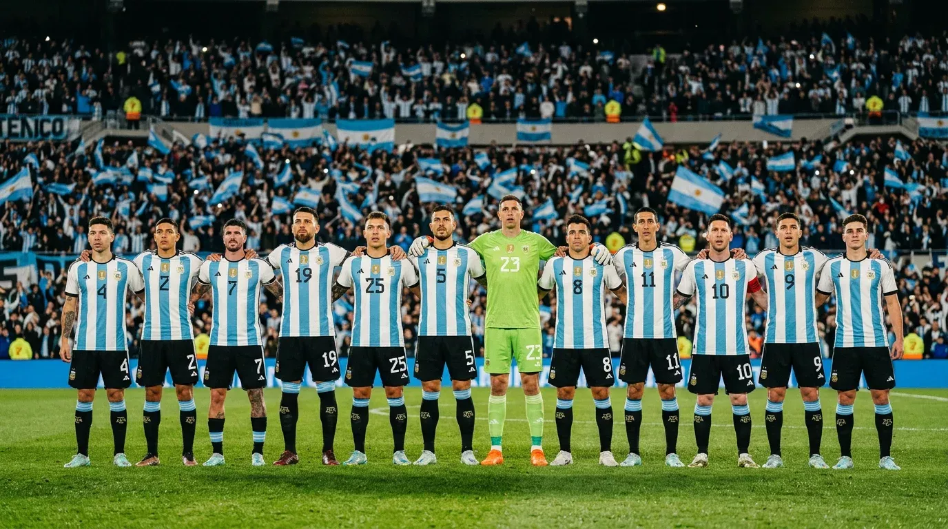 Jugadores de una selección sudamericana formados en línea sobre el césped antes del inicio de un partido mundialista